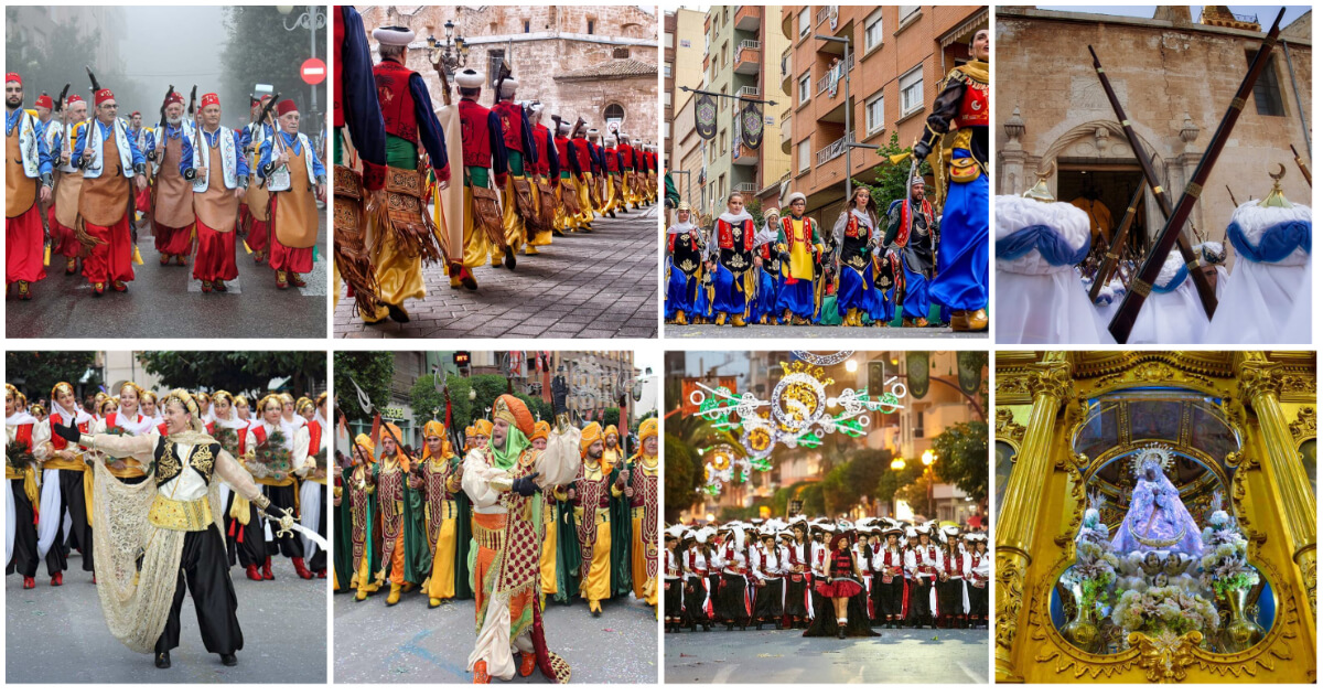 Collage con fotografías de las comparsas de Villena. Villena en fiestas, quiero delicatessen, villena, vino, queso, moros y cristianos, fiestas, alicante