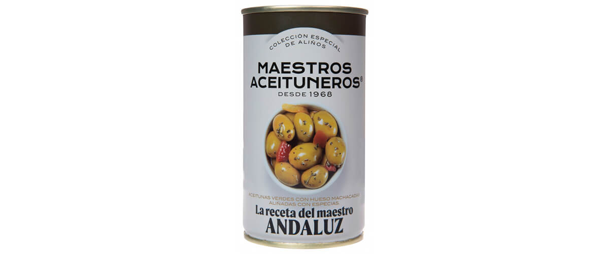 Imagen con un bote de aceitunas. maestros aceituneros, aceitunas, olivas, encurtidos, quiero, delicatessen, villena, alicante