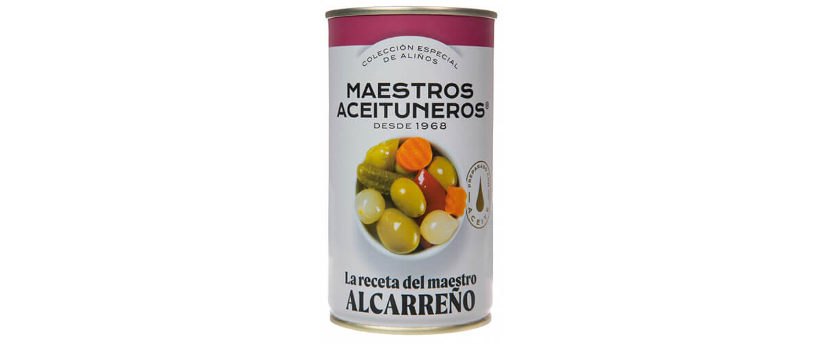 Imagen con un bote de aceitunas. maestros aceituneros, aceitunas, olivas, encurtidos, quiero, delicatessen, villena, alicante